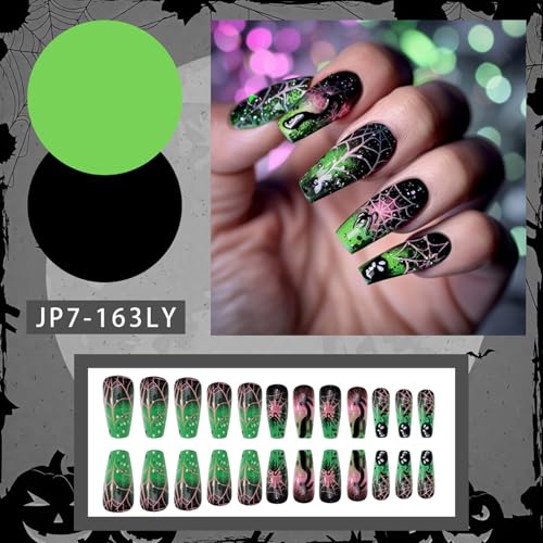 Halloween Press on Nails Medium Ballet Spider Web Glossy Green 24Pcs