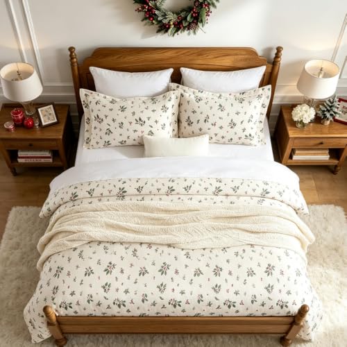 Full Size 82x86 Holiday Christmas Duvet Cover Set - Holly Berries Pattern, 100% Cotton