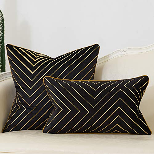 Avigers 12x20 Inch Black Velvet Lumbar Pillow Cover with Hidden Zipper - Geometric Design