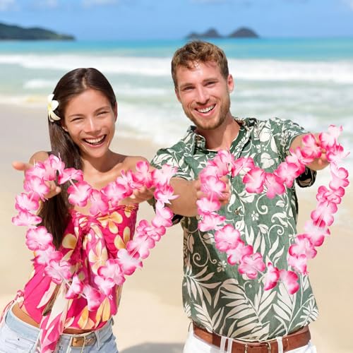 Suncalla 12-Piece Hawaiian Lei Garland Set - Pink and White Tropical Flowers