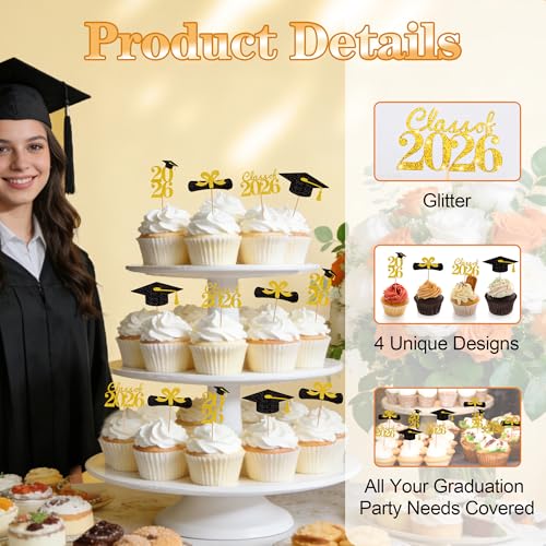 Graduation Cupcake Toppers 2026 - 24 Pack Gold Glitter Decor