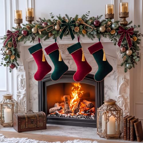 Kinlop 4 Pcs Velvet Christmas Stockings - Dark Green, 18 Inch Holiday Decor