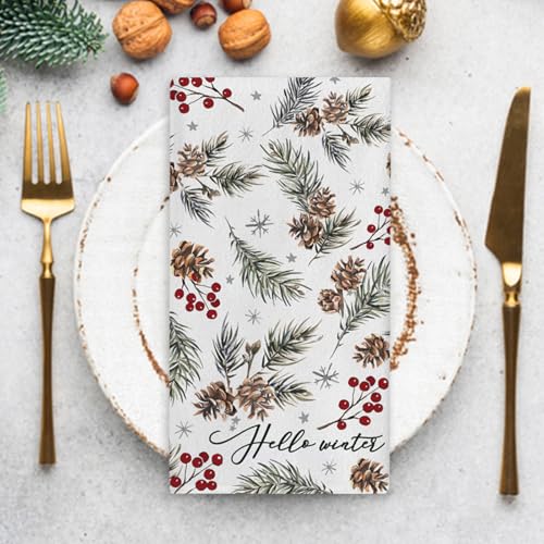 Hello Winter Pine Cone Needle Kitchen Dish Towel - Red Berry Pine - Rustic Farmhouse Decor