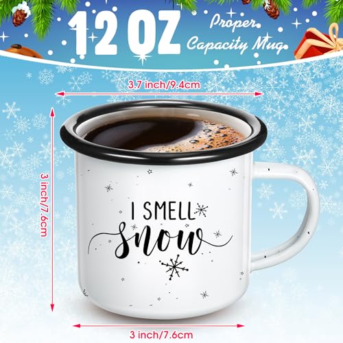 Set of 6 Enamel Christmas Mugs - Snowflake Winter Coffee Cups