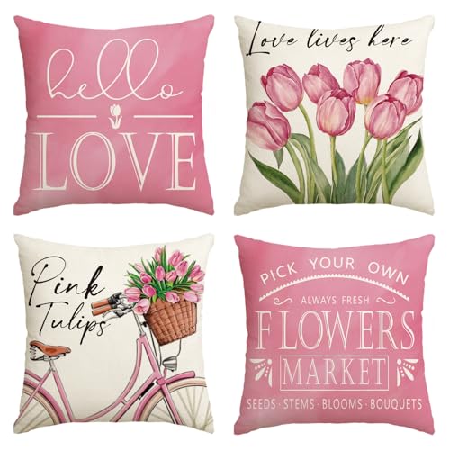 Hello Love Pink Tulips Throw Pillow Covers - Set of 4, 18"