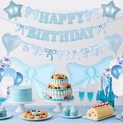 Blue Bow Birthday Party Decorations Set with Balloons & Banner
