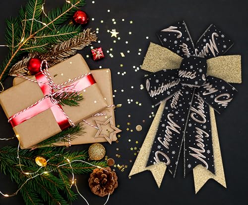 Black Glitter Christmas Wreath Bows Set - 2 Pack Gold Snowflake & Merry Pattern Decorations