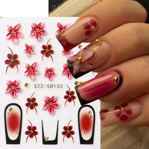 5D Embossed Flower Nail Stickers - 2 Sheets Blush French Nail Art Decals