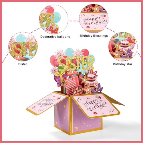 Sinbana 3D Pop Up Birthday Card for Sister - Colorful Greeting Card