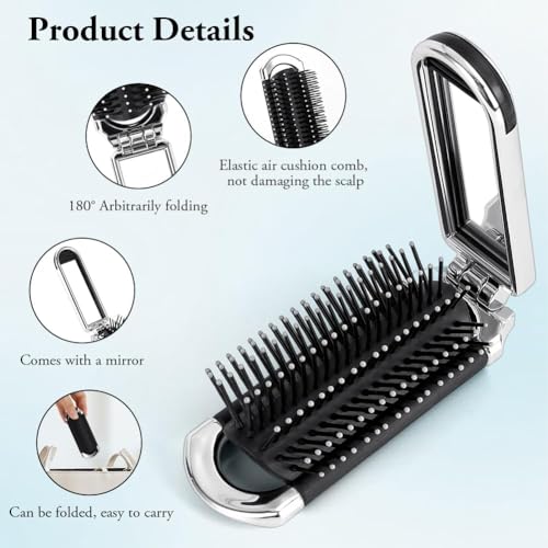 Foldable Hair Brush with Mirror Portable Travel Detangling Comb