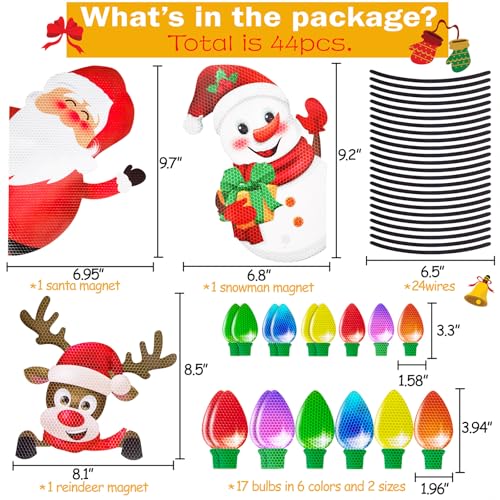Christmas Car Refrigerator Magnets Set - Reflective Bulb Santa Reindeer Snowman 44 Pieces - Holiday Decor