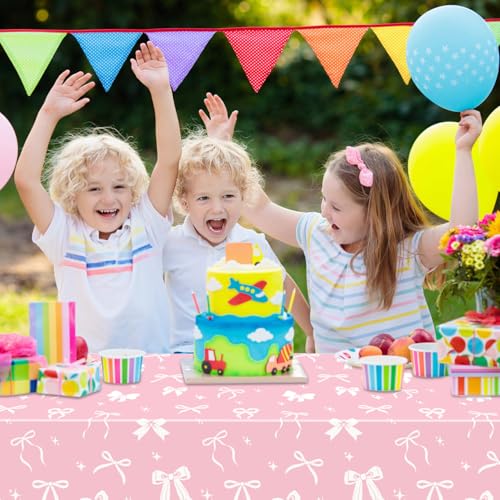 4 Pcs Pink & White Bow Table Cloths for Birthday Parties - 51 x 86 in