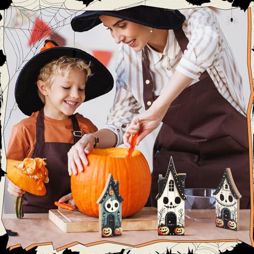 Haunted House Wooden Block Sign Set - 3 Pcs Halloween Table Decor