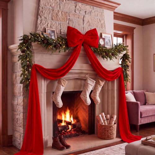 Giant Red Velvet Christmas Bow for Indoor Outdoor Decor - 6.6ft Streamers