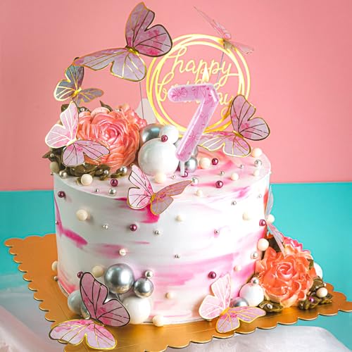 Pink Bow Number 7 Birthday Candle - Elegant Cake Topper