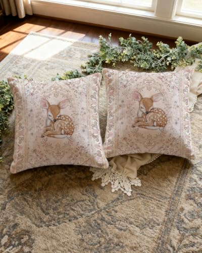 Sleeping Fawn Pillow Cover 18x18, Pink Woodland Floral Nursery Decor