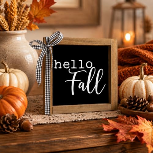 Hello Fall Sign 6-Inch Black Rustic Wooden Farmhouse Autumn Decor