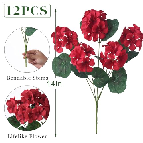 14" Artificial Geranium Flower Bouquet - 12 Bundles for Home & Garden Decor