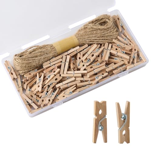 Natural Mini Wooden Clothespins Set with Jute Twine - 100 Pcs