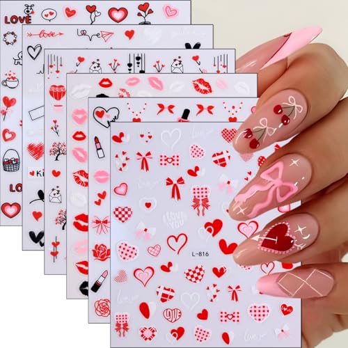 GUAACCB 6 Sheets Valentines Nail Stickers 3D Love Heart Red Lips Bow Decals