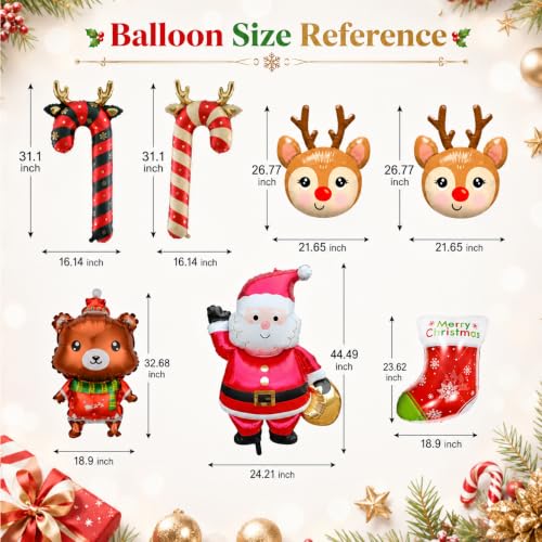 7 Pcs Christmas Foil Balloons Set - Santa Reindeer Bear Candy Cane Xmas Decorations