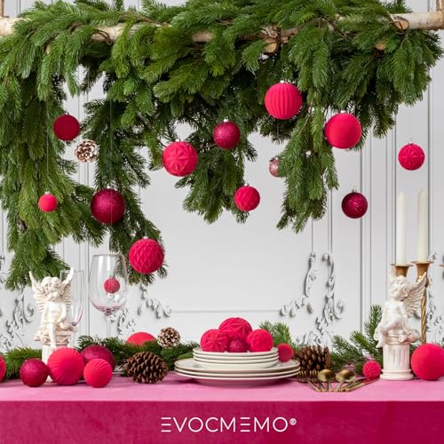 Fuchsia Pink Velvet Christmas Ornaments Set - 36pcs Shatterproof Xmas Decorations with 5 Styles & 3 Sizes