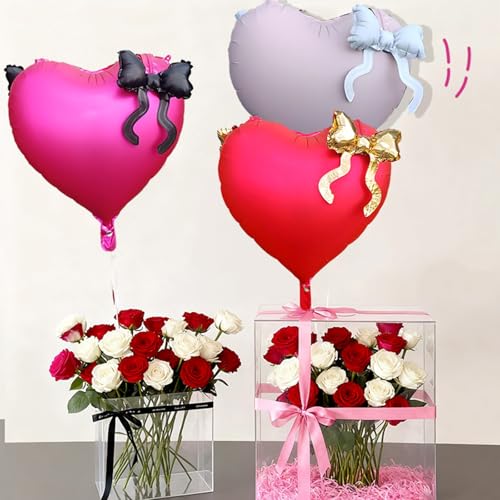 22 Inch Black and Red Heart Foil Balloons with Bow for Party Decor
