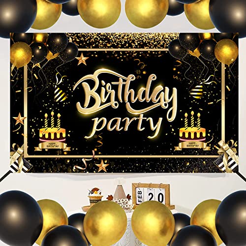 Black and Gold Happy Birthday Backdrop Banner - 70.8 x 47.2 inches