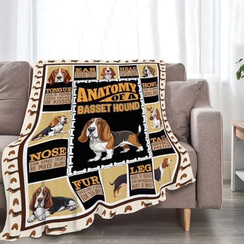 Basset Hound Throw Blanket - Soft Flannel Plush Dog Print, 50"x40"