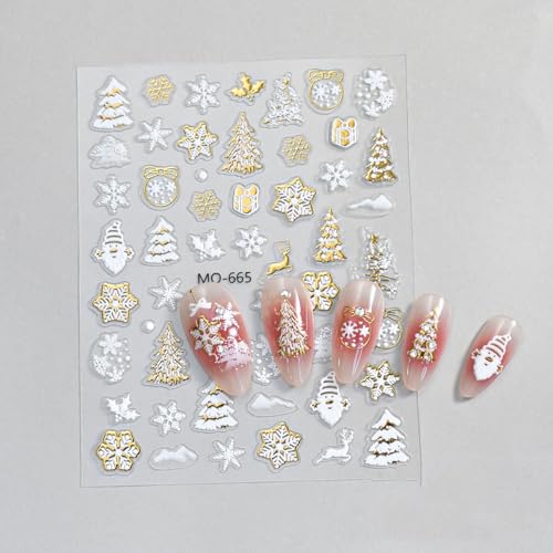 TailaiMei Embossed Christmas Nail Decals Gold Xmas Tree Stickers 3 Sheets