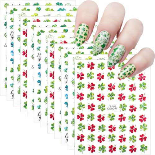 St. Patrick's Day Nail Art Stickers - 12 Sheets Shamrock Green Glitter Self-Adhesive Nail Decals