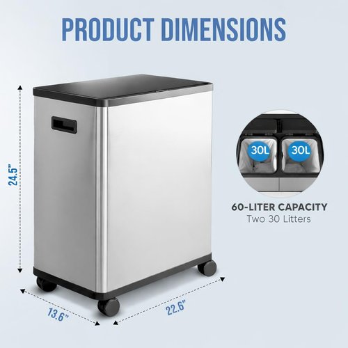 HOLDN’ STORAGE 60L Dual Kitchen Trash & Recycling Bin - Motion Sensor, Soft-Close Lid, Stainless Steel