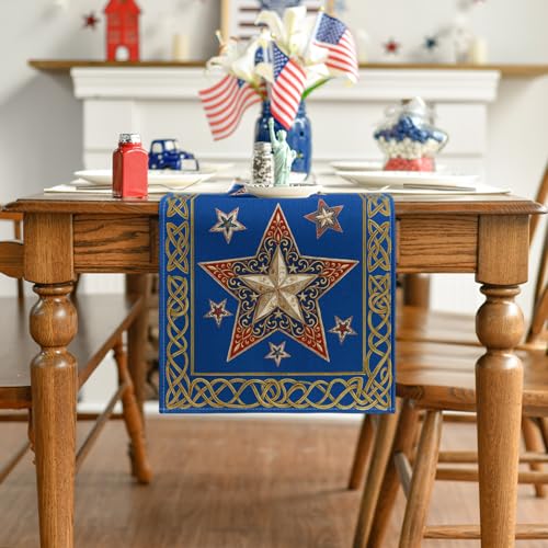 Artoid Mode 4th of July Table Runner - Blue Stars on Golden Border, 13x36 Inch