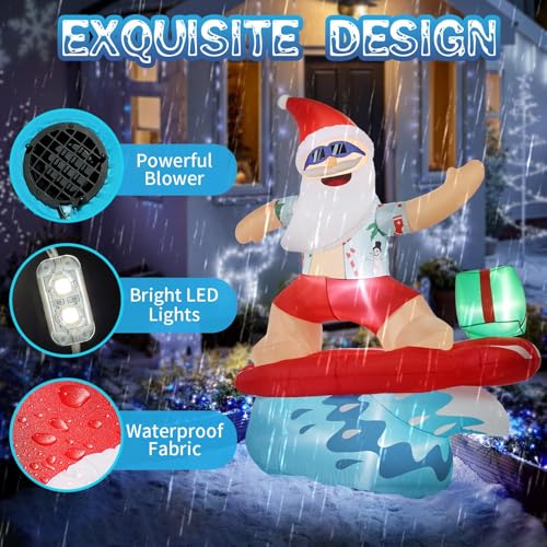 Gardentime 6.5FT Inflatable Santa Surfing Christmas Holiday Yard Decor with LED Lights