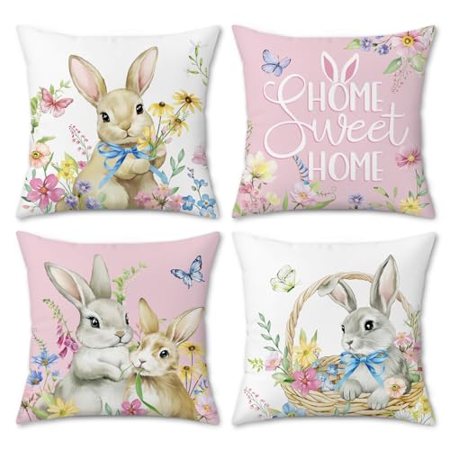 Bonhause Spring Easter Bunny Pillow Covers Set of 4 18x18 Inch Pink Floral Rabbit Velvet Decor