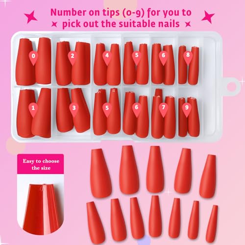 AddFavor 120pcs Matte Red Long Coffin Press on Nails with Glue
