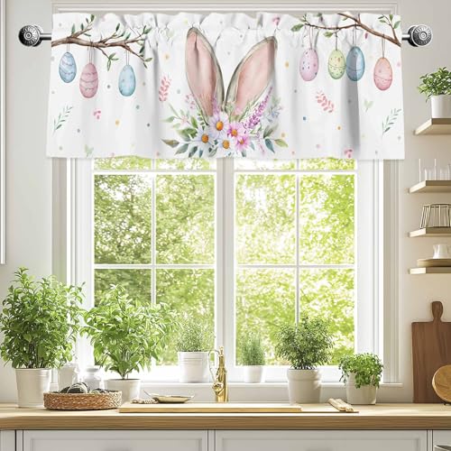 Easter Bunny Window Valance 54x18 Inch Colorful Egg Rabbit Rod Pocket