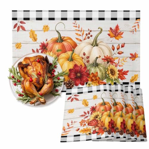Fall Placemats Set of 6 - Orange and Black Farmhouse Table Mats with Pumpkin Design