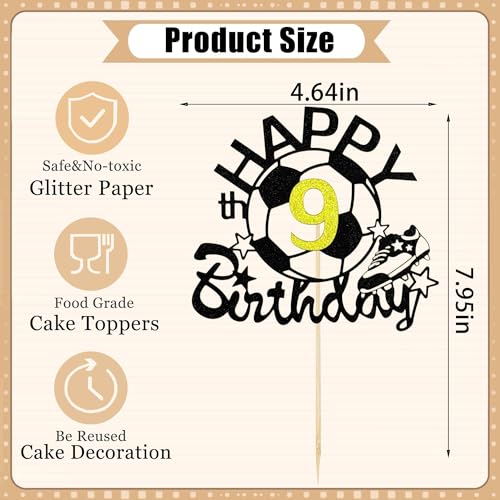 Soccer Ball Cake Topper for 9th Birthday - Black Glitter Decoration