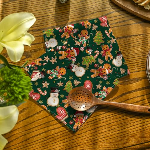 Christmas Cloth Napkins 18x18 Inch Set of 6 - Green Gingerbread Snowman Holiday Decor