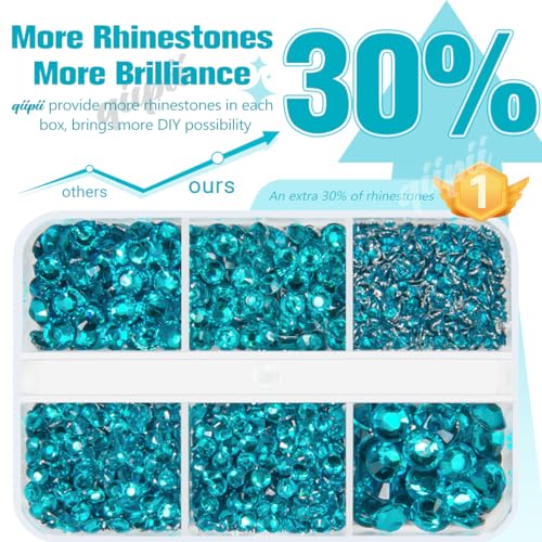 Teal Blue Resin Rhinestones Flatback Assorted Sizes with Tweezer for DIY Crafts