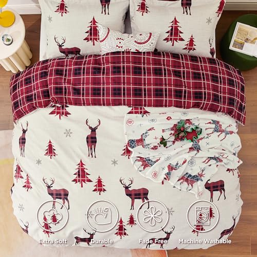 Bedsure Reversible Christmas Duvet Cover Set King Reindeer Plaid Holiday Bedding