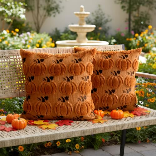Thmyo Caramel Pumpkin Fall Pillow Covers 18x18 Inch 2-Pack Halloween Thanksgiving Decor