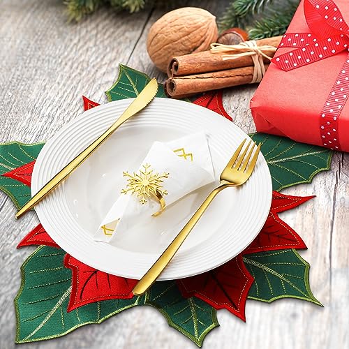 Christmas Embroidered Poinsettia Placemat Set 15x15 Inches for Holiday Dining