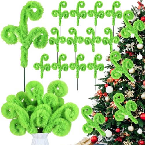 30 Pcs Christmas Tree Topper Picks - 12 Inch Green Furry Spiral Decorations - Festive Holiday Decor