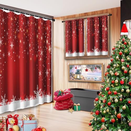 Christmas Red Shower Curtain Set with Window Curtains - Xmas 9 Variation