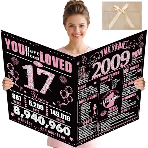 Large 17th Birthday Card - 2009 Themed Pink & Black Signature Guest Book