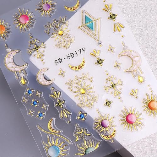 5D Embossed Sun Moon Nail Art Stickers Bohemian Metallic Gold Decals