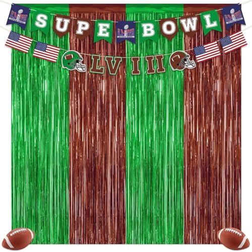 Football Party Decorations - 2 Pack Green & Brown Foil Curtains
