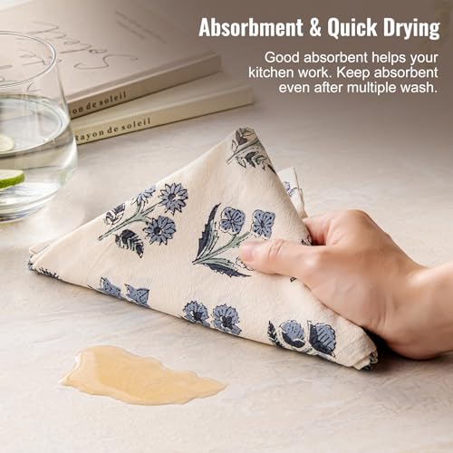 YZJZEDS Dusty Blue Block Print Floral Flour Sack Kitchen Towels Set of 2